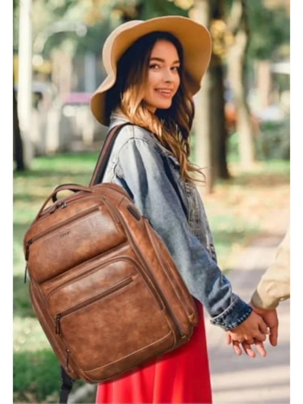 Expandable Vegan Leather Backpack, 40L Travel Bag for Laptops, USB Port, Brown